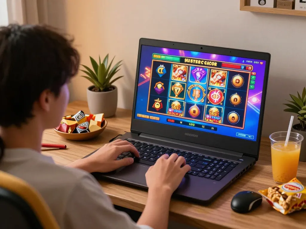 Engaging in slot kamboja super gacor with exciting visuals on a laptop screen