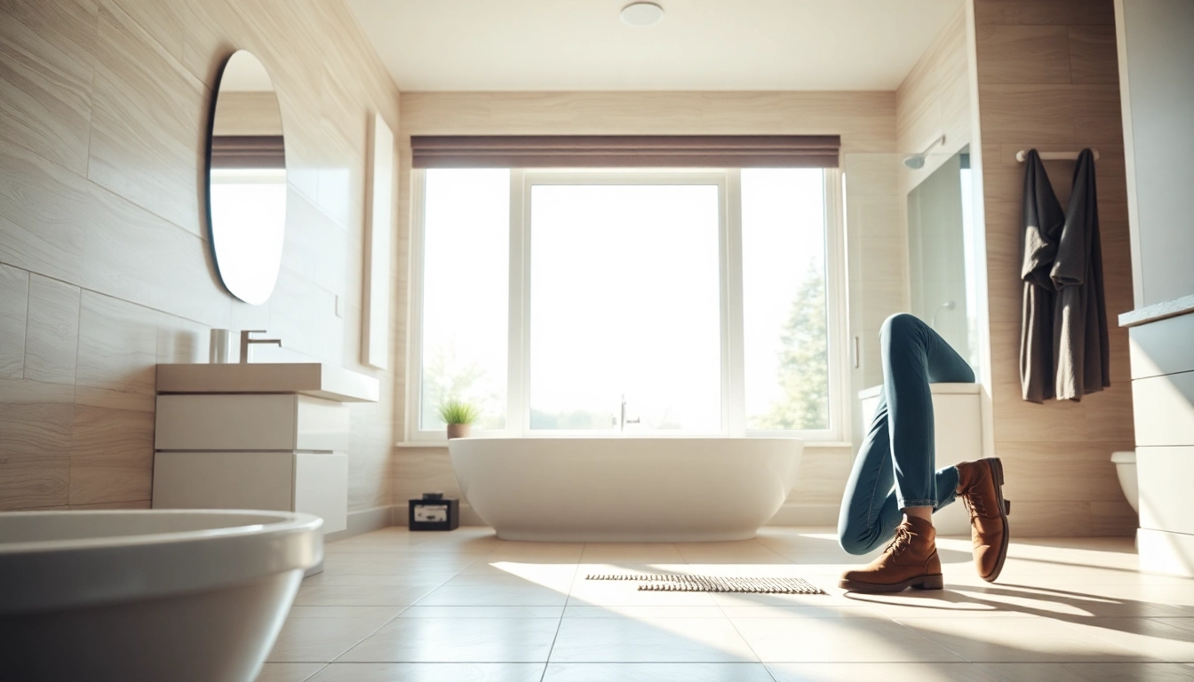 Skilled bathroom remodelers installing elegant tiles in a bright modern bathroom.