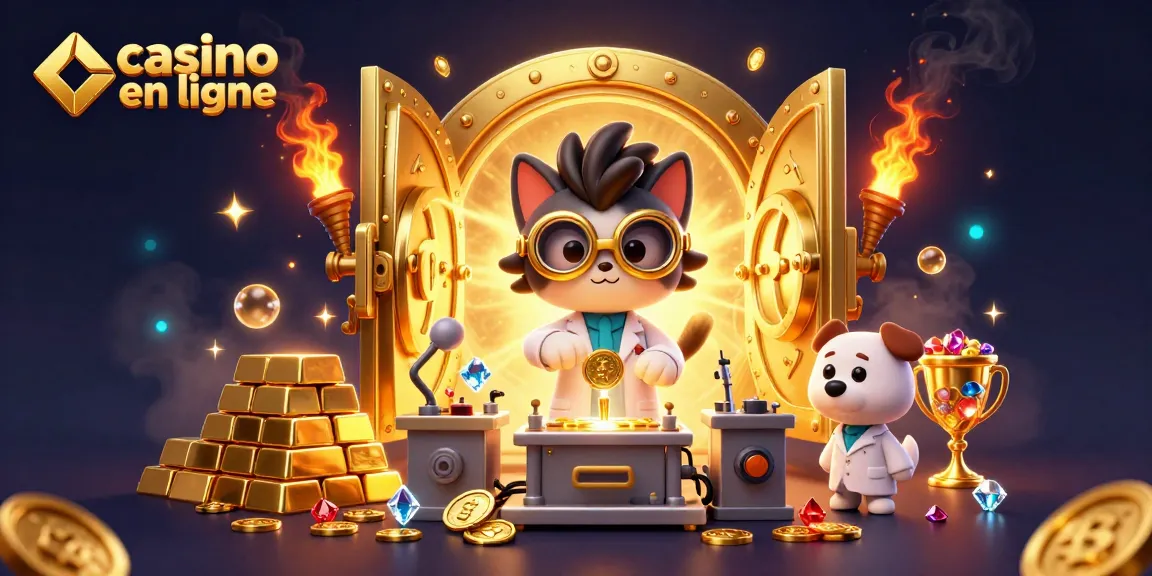 Jouez à casino en ligne avec une illustration captivante de personnages et trésors dorés.