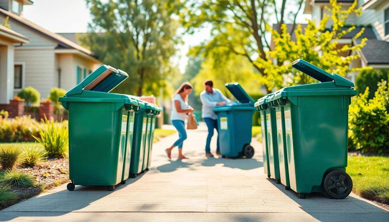 Efficient garbage removal bins being utilized by a family for yard cleanup in a bright, sunny neighborhood.