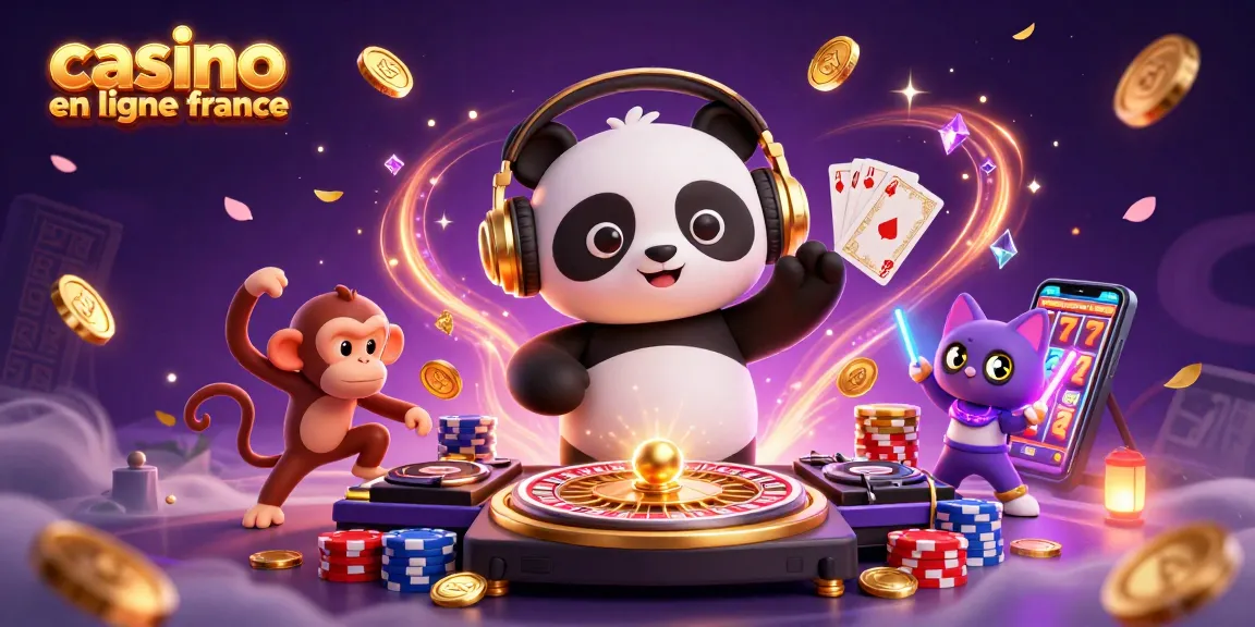 Jouez au casino en ligne France avec un DJ panda, un singe et un chat dans une scène festive énergique.
