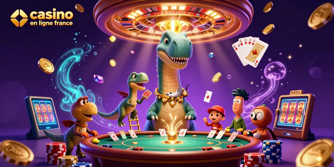 Illustration dynamique de casino en ligne France, brontosaure observant avec des cartes et des jetons autour.