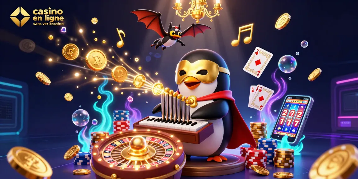 Jouez dans un casino en ligne sans vérification avec un pingouin fantôme opérant un orgue produisant des pièces d'or.