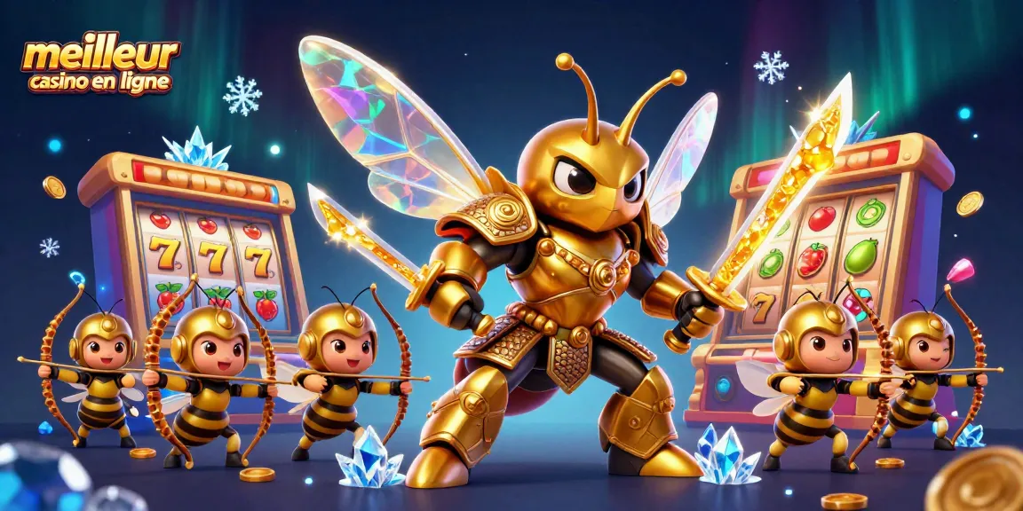 Visez le meilleur casino en ligne avec une illustration 3D captivante d'un bourdon samouraï entouré de jeux.