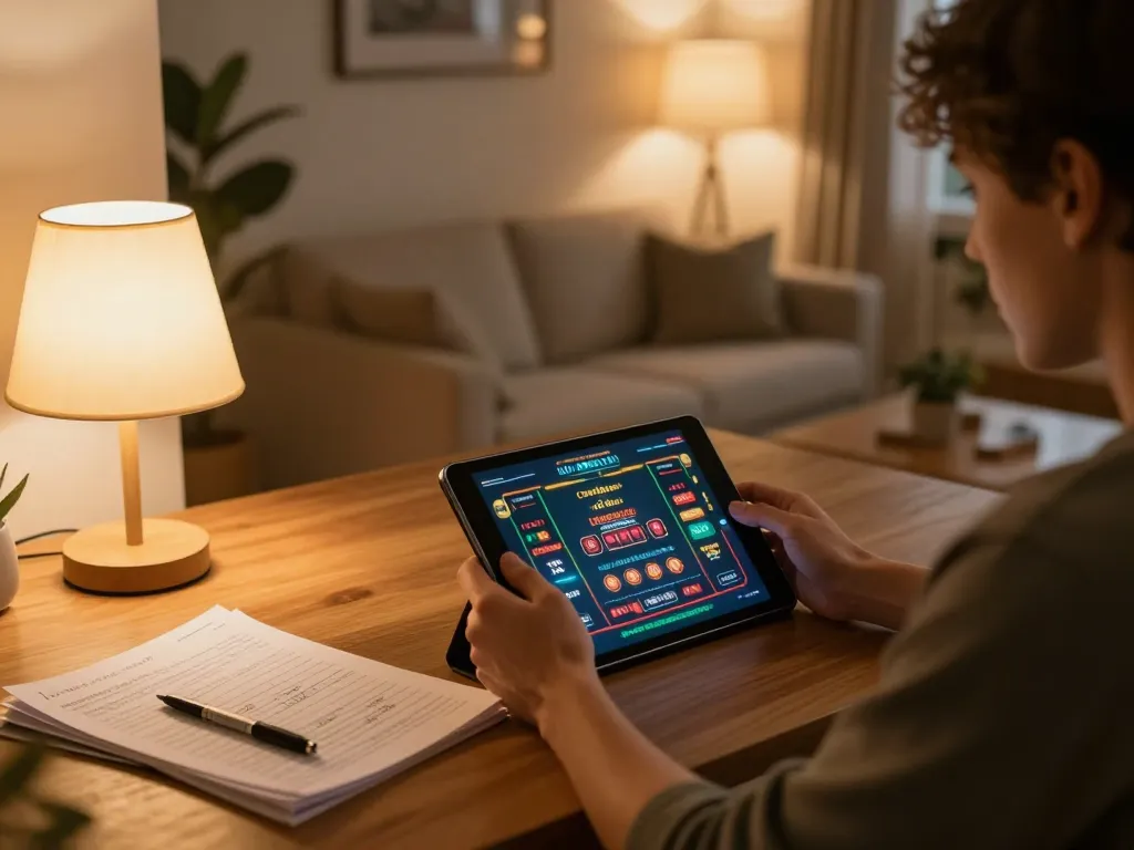 A person engaging in online gambling with casino senza licenza adm on a cozy tablet gaming setup at home.