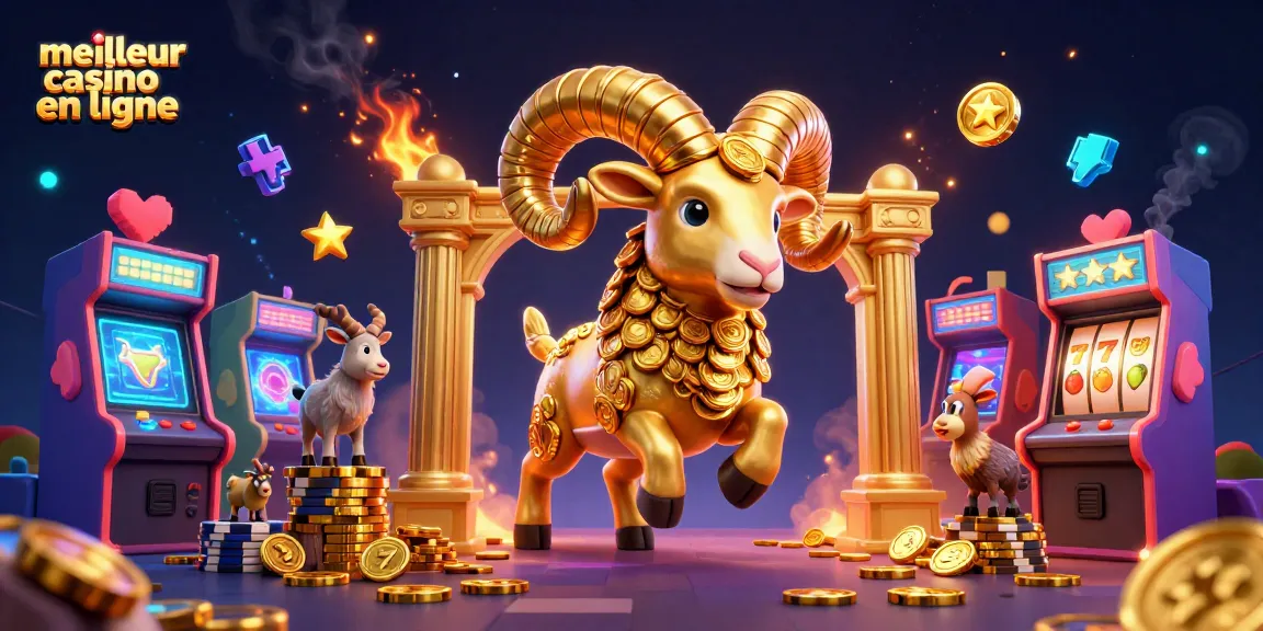 Illustration d'un meilleur casino en ligne avec un bélier doré, machines à sous colorées et ambiance festive.
