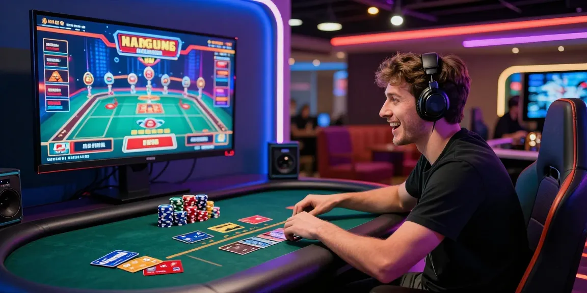 Excited player at a credit card casino, surrounded by games and credit cards, vibrant gaming atmosphere.