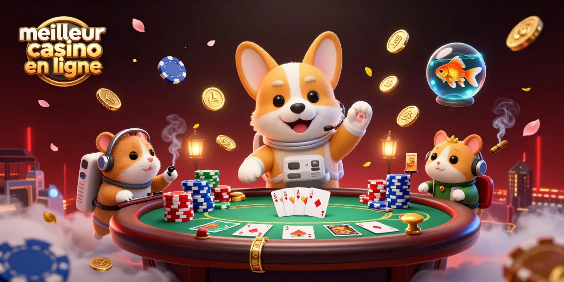 Plongez dans l'univers du meilleur casino en ligne avec un corgi astronaute et des jetons de poker flottants.