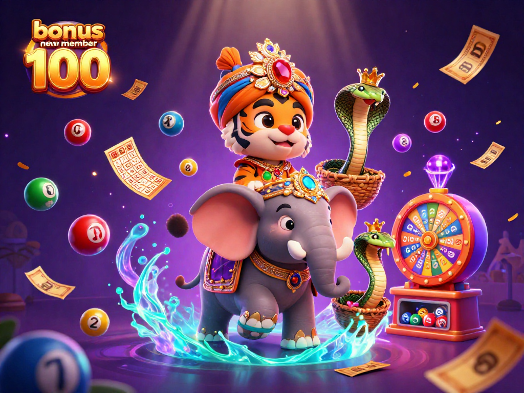 Experience thrilling gameplay with bonus new member 100 through vibrant 3D casino elements in a festive illustration.