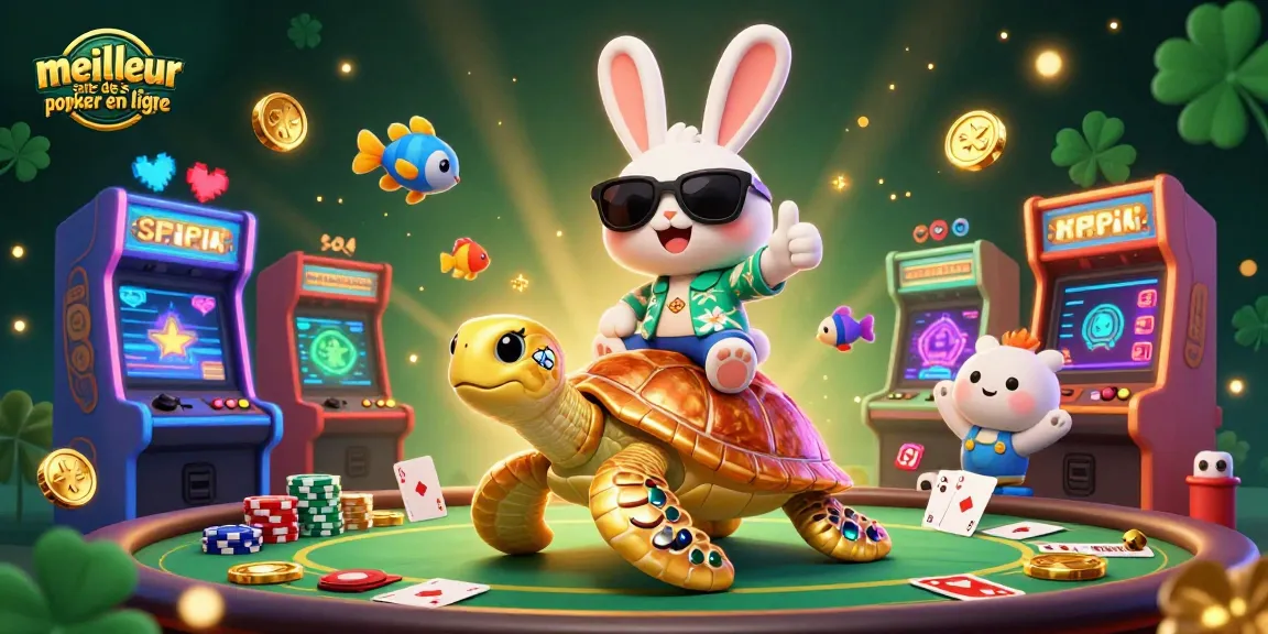 Illustration dynamique mettant en avant le meilleur site de poker en ligne avec des personnages adorables, sur un fond de casino coloré.