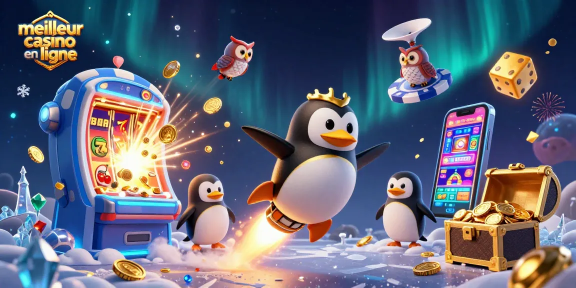 Visualisez le meilleur casino en ligne avec un pingouin doré et des machines à sous en explosion de jackpots.