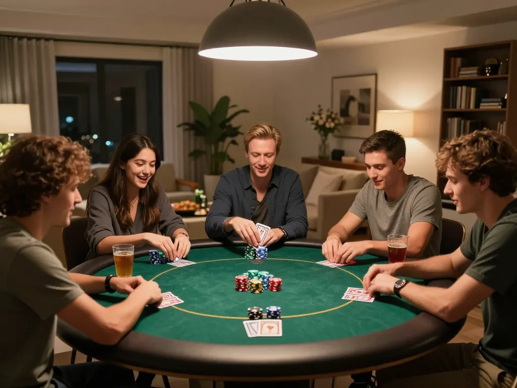 Players at a home poker night enjoying a competitive game, showcasing sc8885 poker strategies and social excitement.