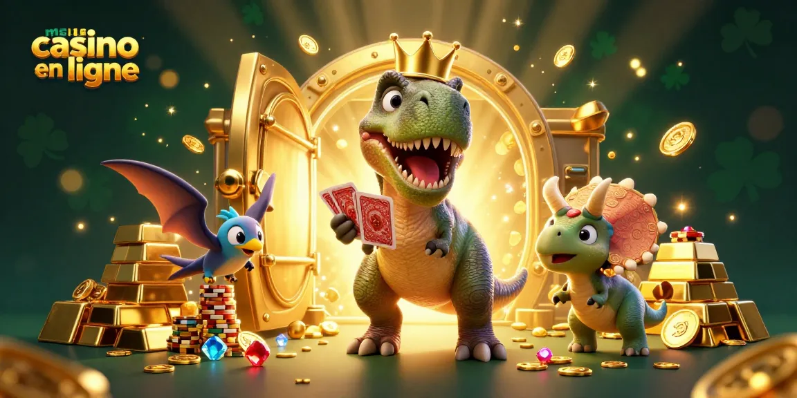 Vivez l'excitation du meilleur casino en ligne avec un T-Rex et ses amis dans une illustration captivante!