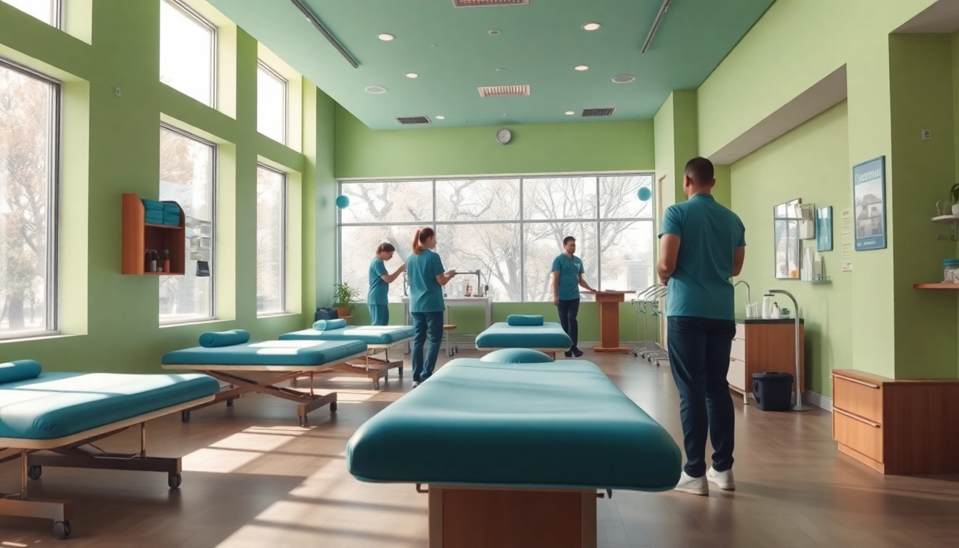 Movenetics physiotherapy room with engaged therapists and patients, designed for healing.