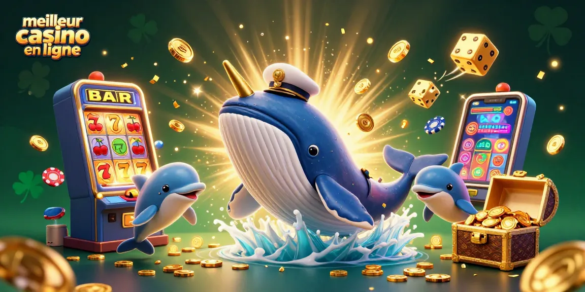 Illustration dynamique du meilleur casino en ligne avec un énorme baleinau et des éléments de jeux.