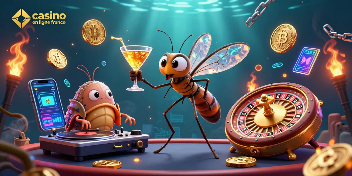Jouez à un casino en ligne France avec la mascotte moustique et le trilobite DJ dans un monde vibrant.