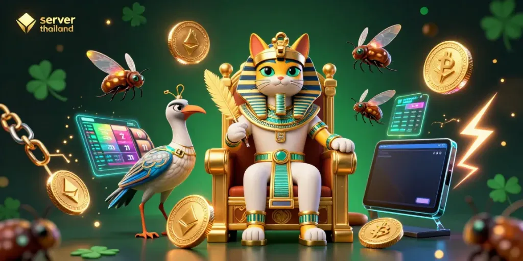 Engaging 3D illustration featuring the server thailand theme with a pharaoh cat and ibis in a casino setting.