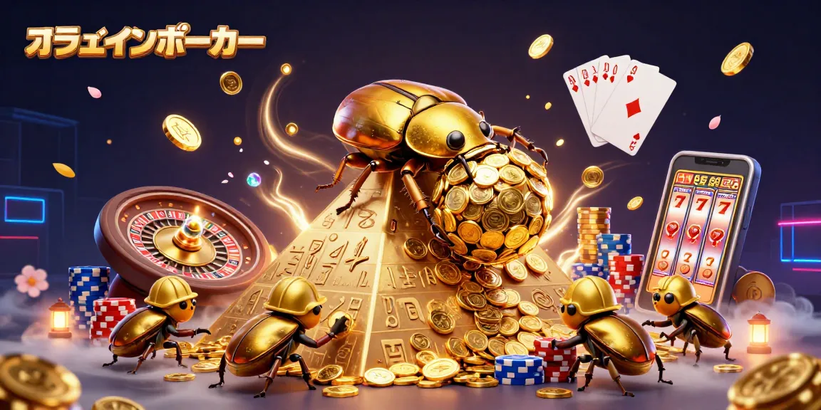 オンラインポーカーのシンボルが描かれたピラミッドで金色のコガネムシがコインの大玉を転がすシーン。