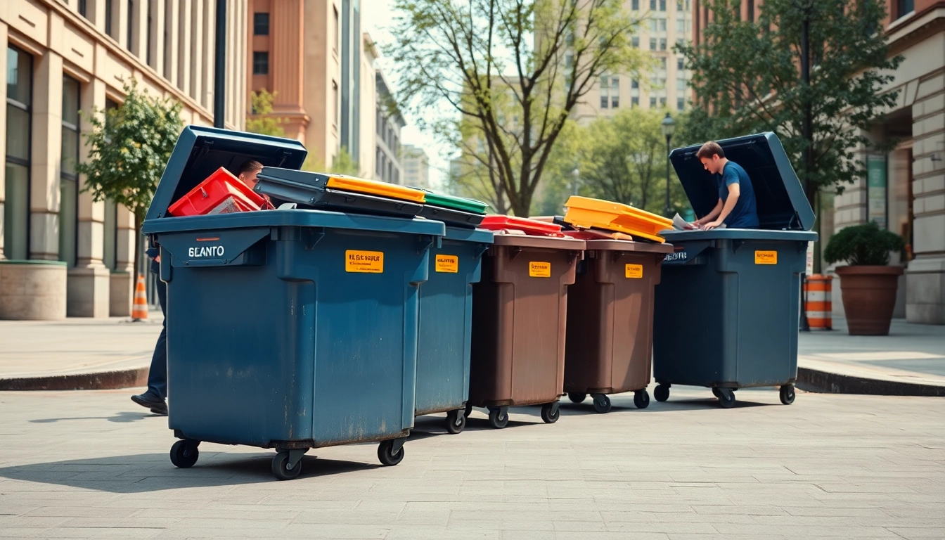 Workers loading garbage removal bins for community cleanup in a busy city.