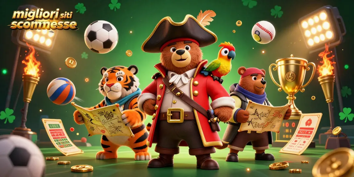 Scopri i migliori siti scommesse con un orso capitano pirata e una tigre in un'illustrazione avventurosa.