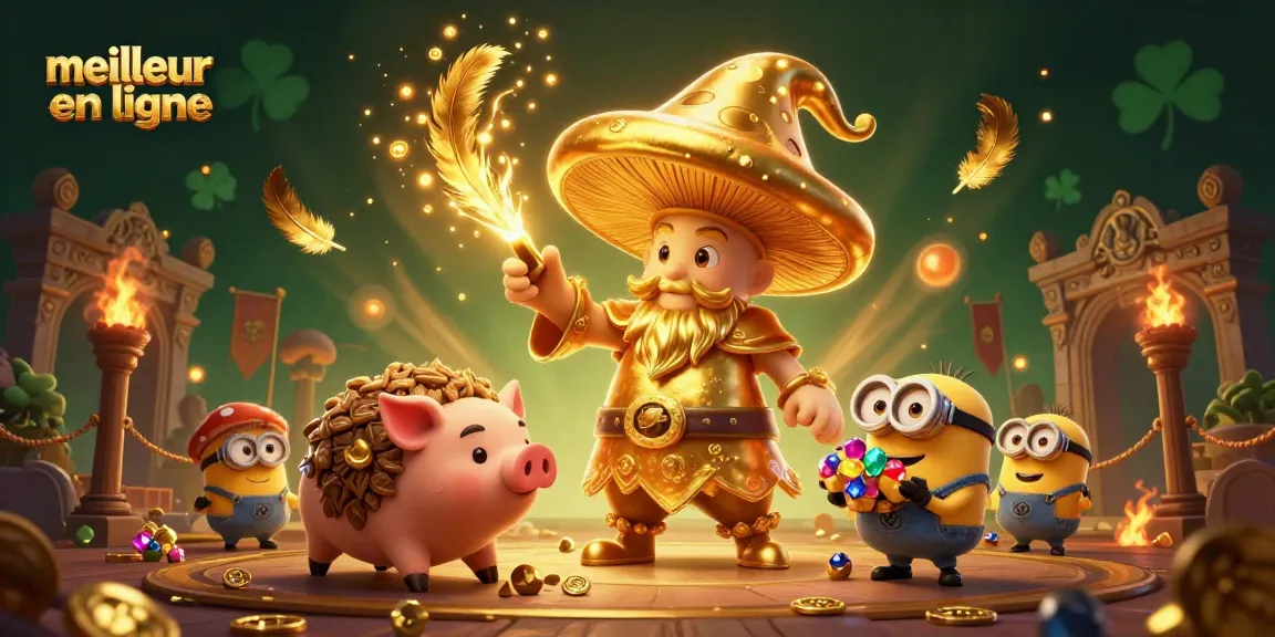 Plongez dans l'univers du meilleur casino en ligne avec cet art captivant illustrant un wizard doré et ses trésors.