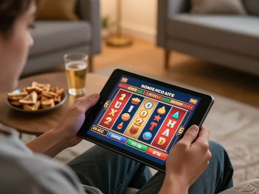 jae888 player enjoying online slot game gameplay on tablet in cozy home setting