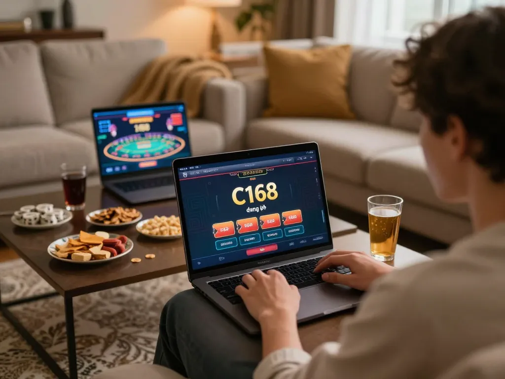 C168 đăng nhập interface shown on a laptop while enjoying online gambling at home, creating a cozy atmosphere.