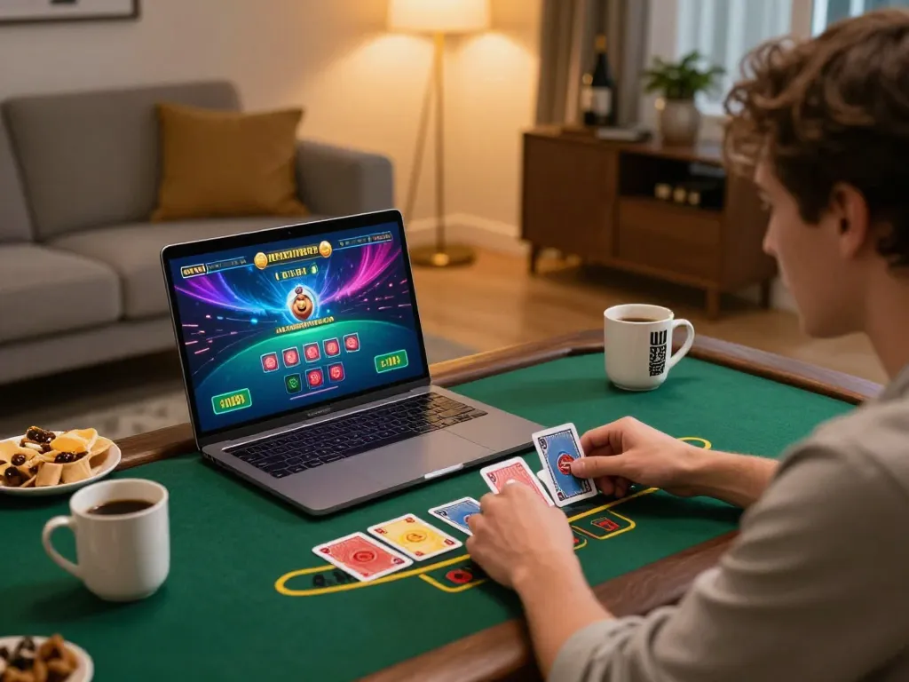 Player enjoying live dealer blackjack online at home, showcasing cm88-t1 gaming experience.