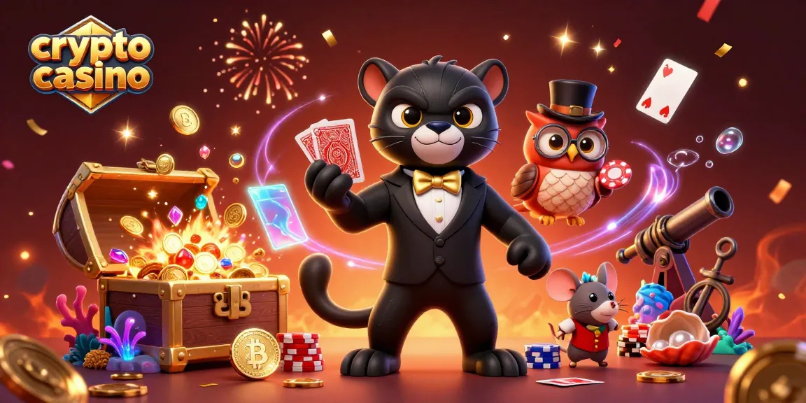 Animation d'un crypto casino avec un panthère, une chouette et une souris entourés de richesses.