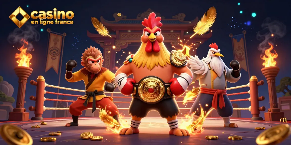 Plongez dans l'univers dynamique du casino en ligne France avec un combat entre un coq Muay Thai, un singe Shaolin et une grue sage sous des effets de feu.