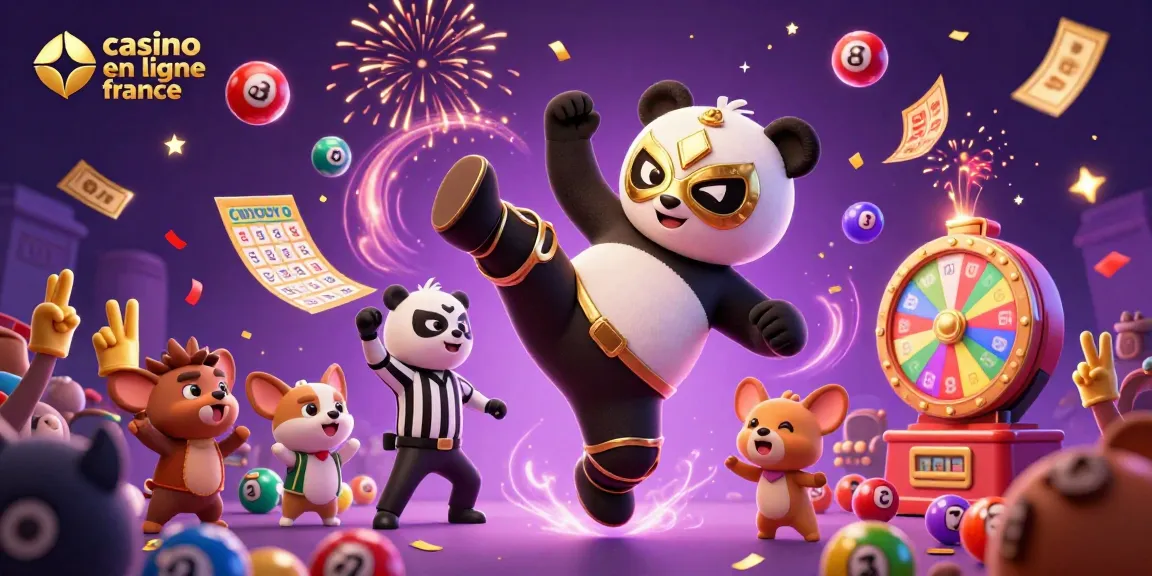 Action de gagner au casino en ligne France avec un panda lutteur et des ballons de loterie colorés.