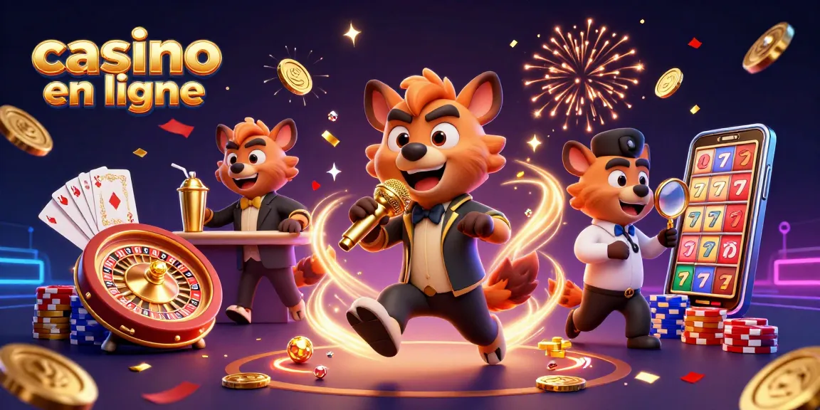 Scène animée de casino en ligne avec hyènes, billetterie, et humour captivant.