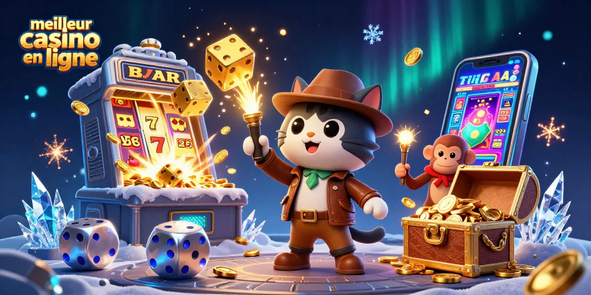 Profitez des jeux au meilleur casino en ligne avec une illustration dynamique d'aventuriers et de jackpots.