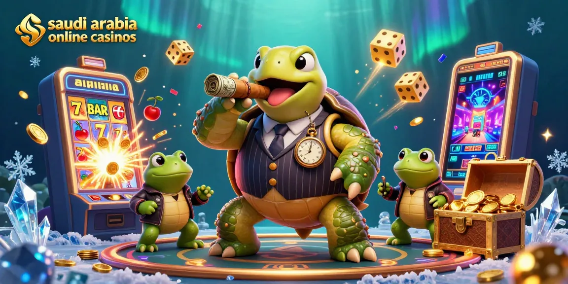Experience excitement with saudi arabia online casinos as a cartoon turtle in a mobster suit leads an animated casino scene.