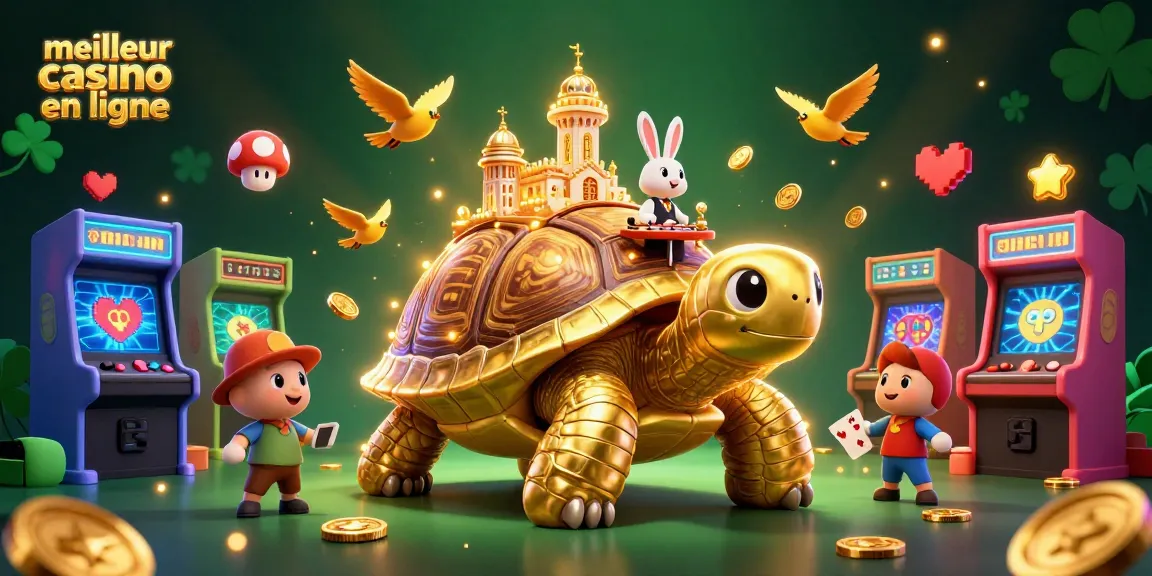 Découvrez le meilleur casino en ligne avec une tortue dorée, un croupier et des machines à sous colorées.
