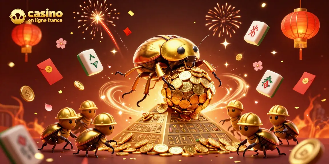 Illustration dynamique de casino en ligne France, avec un scarabée en or roulant des pièces, symboles et lanternes.