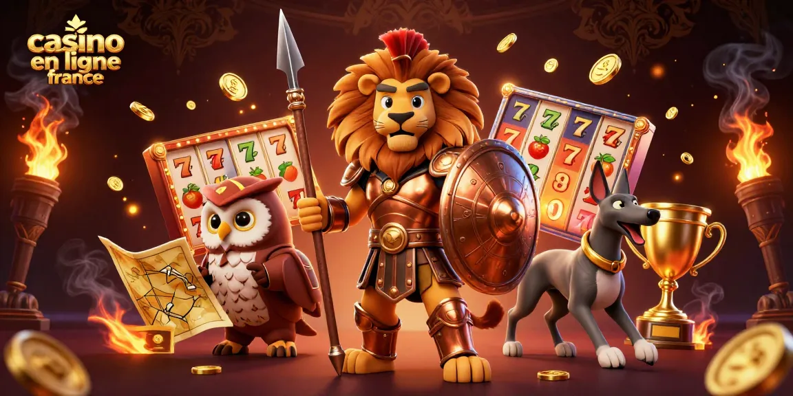 Vivez l'excitation du casino en ligne France avec cette illustration de lion spartiate, chouette et greyhound