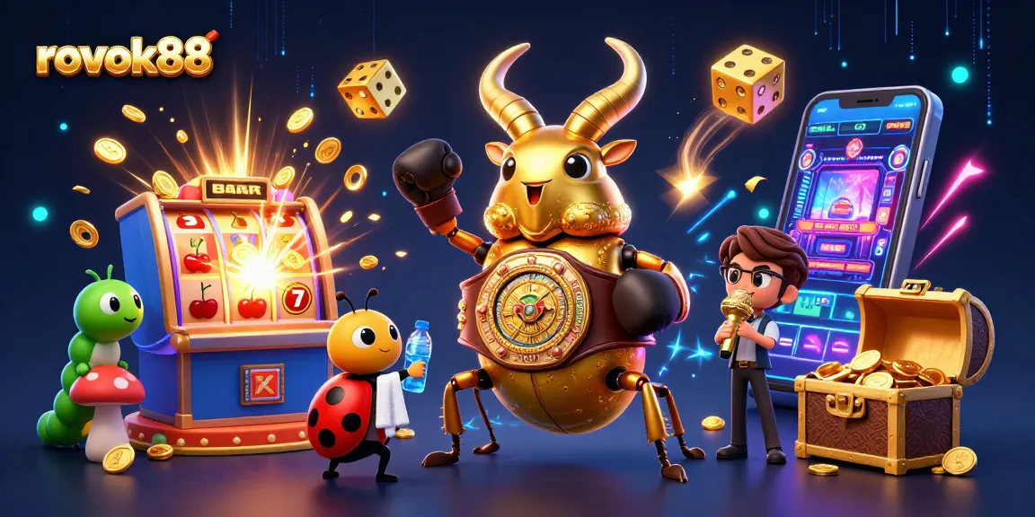Engage with rokok88's thrilling jackpot scene featuring a golden beetle champion and dynamic casino elements.