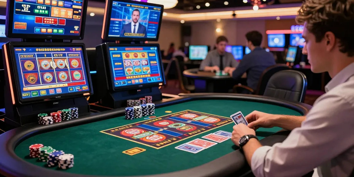 Player engaged in credit card casinos with vibrant gaming ambiance, showcasing excitement and digital interfaces.