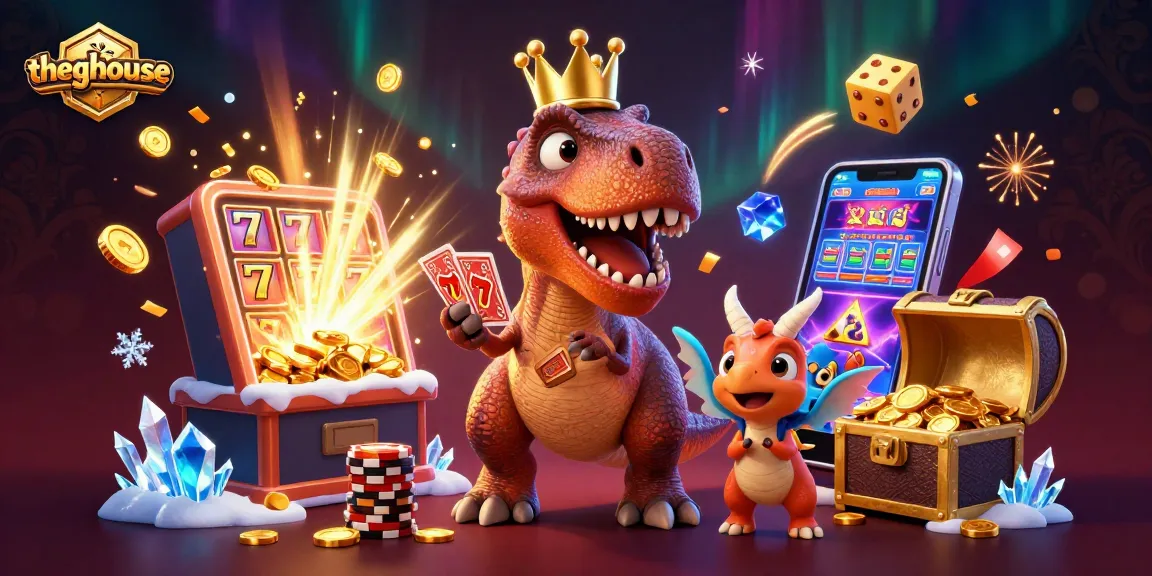 Thegbhouse showcases an exciting cartoon illustration of a T-Rex and friends at a casino with jackpots and vibrant game elements.