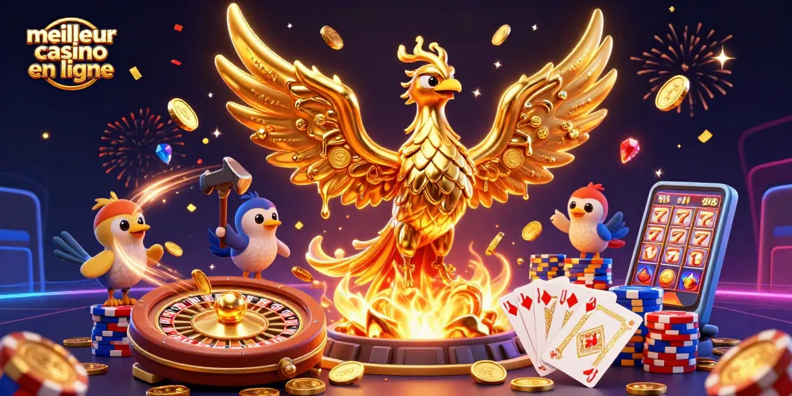 Profitez du meilleur casino en ligne avec cette illustration dynamique de phénix doré et assistants.