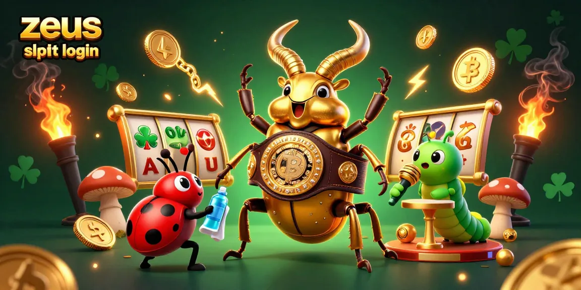 Spin big with zeus slot login, showcasing a vibrant illustration of a golden stag beetle in a boxing match, slinging Bitcoin and Ethereum coins.