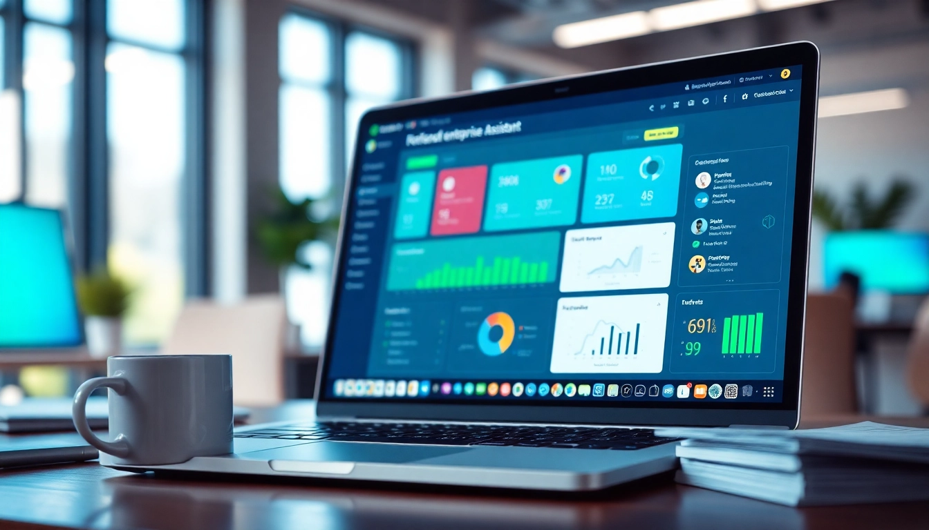 Showcase of enterprise assistant SaaS dashboard on a laptop in an office setting.