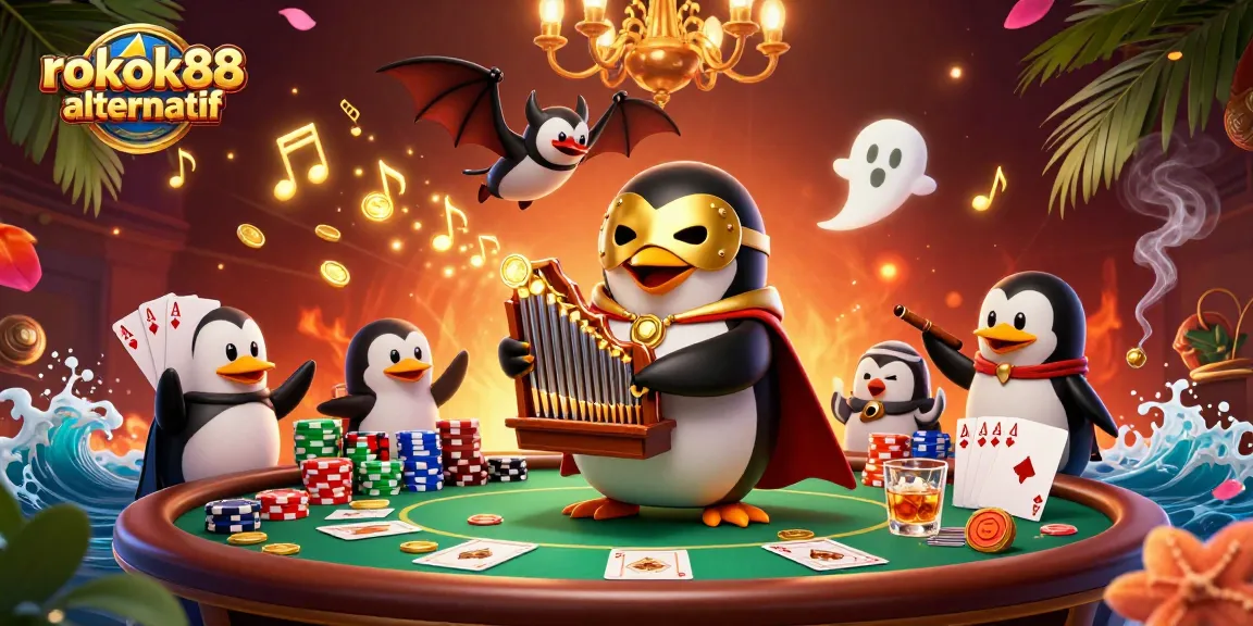 Experience thrilling gameplay at rokok88 alternatif featuring a 3D penguin playing a pipe organ with gold coins.
