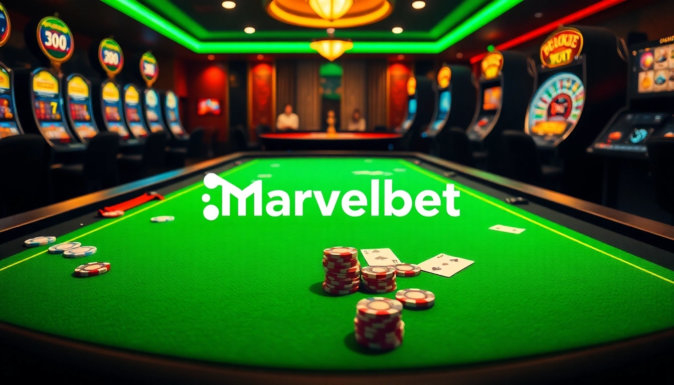 Marvelbet captivating online casino scene with poker chips, roulette wheel, and dynamic casino atmosphere.