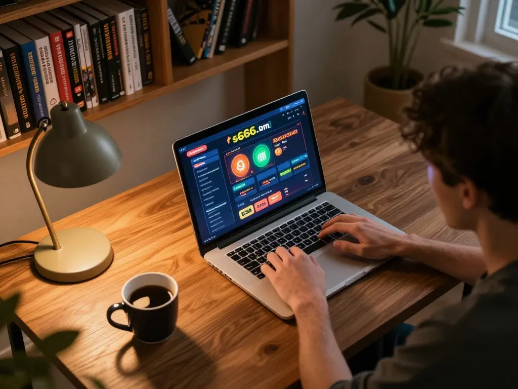 Player engaging with the s666-bm online casino interface on a laptop, showcasing responsible gaming.