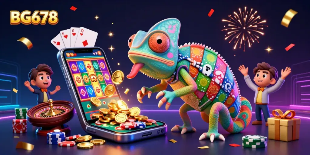 Experience thrilling gaming action with BG678 in a vibrant, dynamic casino illustration.