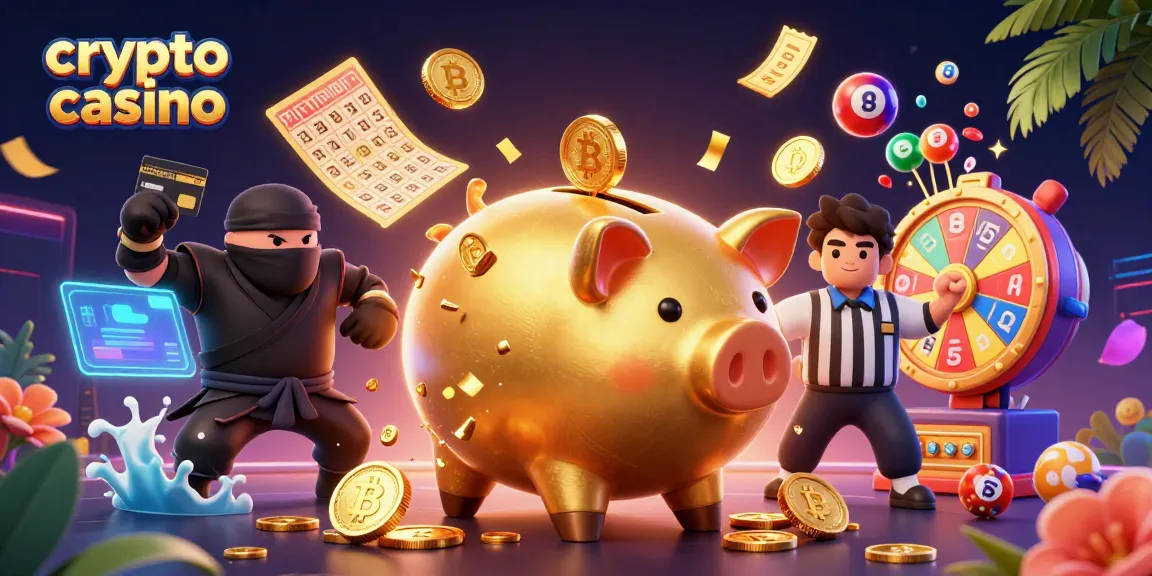 Émerveillez-vous devant un crypto casino vibrant, avec un sumo en tirelire et des éléments blockchain en action.