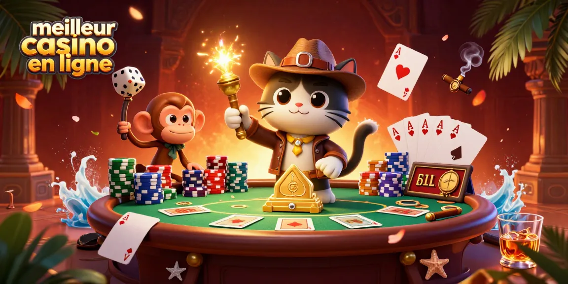 Le meilleur casino en ligne avec un chat explorateur découvrant un artefact doré entouré de tables de poker et de jetons.
