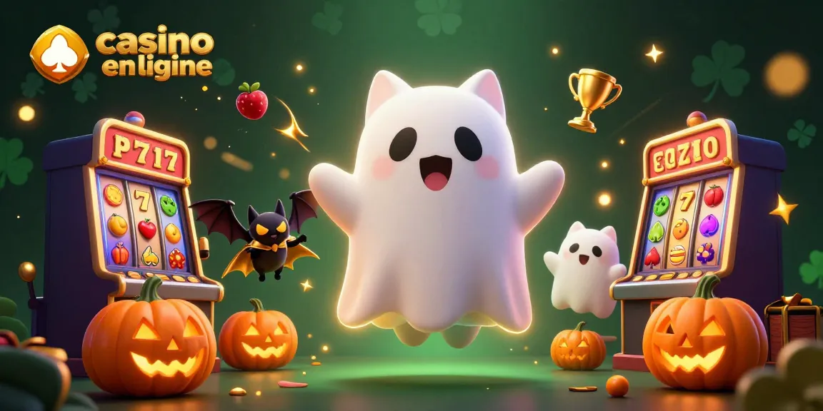 Casino en ligne : jeux de machines à sous, chat fantôme et chauve-souris vampire illuminent un casino animé.